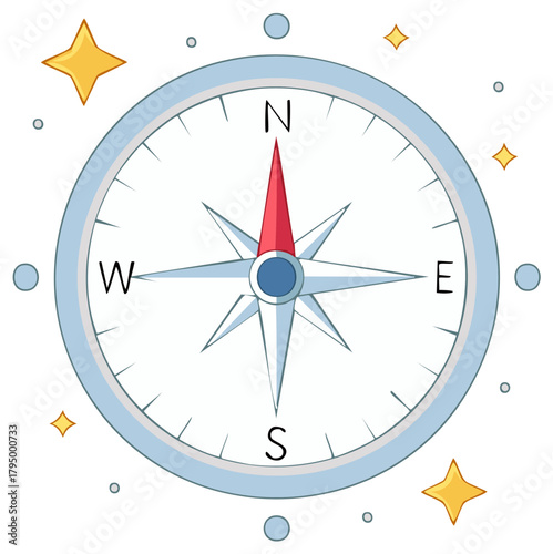 A bright cartoon compass with a red arrow pointing north and stylized stars suggesting direction