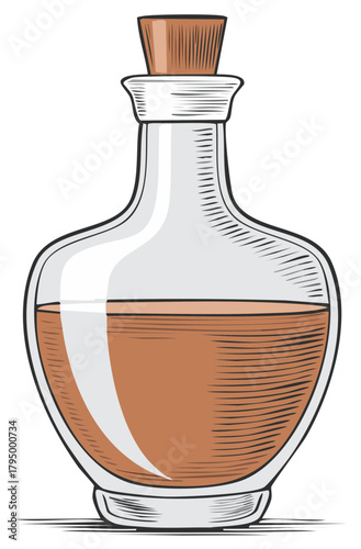 Illustration of clear glass bottle with cork stopper and brown liquid potion inside