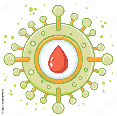 Stylized blood donation concept with a bright red blood drop in a round light green and orange cellular structure