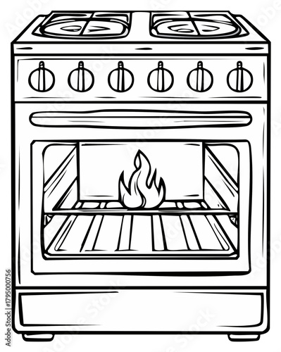 Line Art Illustration of a Kitchen Oven with Flames Inside Ready for Baking