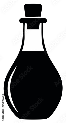 Classic glass bottle silhouette filled with dark liquid and cork stopper