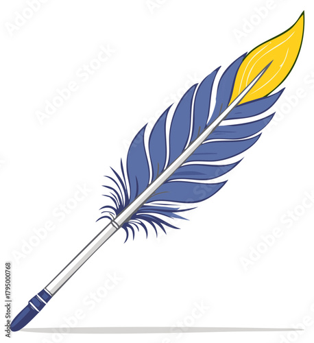 Colorful quill feather illustration with blue, yellow and white colors, isolated on white.