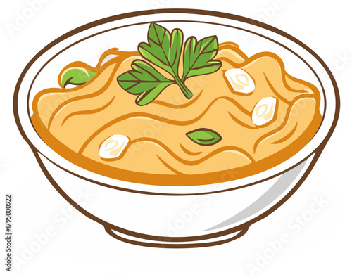 Bowl of creamy soup with fresh parsley garnish vector illustration