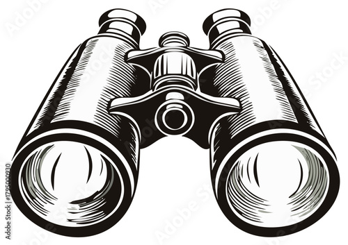 Vector illustration of vintage field glasses in a bold black and white etched style, symbolizing vision and discovery.