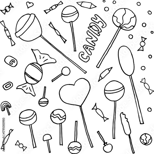 A set of heart-shaped lollipops, round lollipops with a variety of patterns, and candies