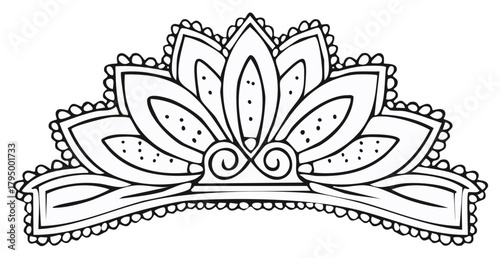 Stylized Tiara with Floral Elements Outlined for Coloring Book or Design Template