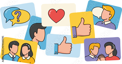 Social Media Engagement Icons With Communication And Approval Symbols On Blue Background