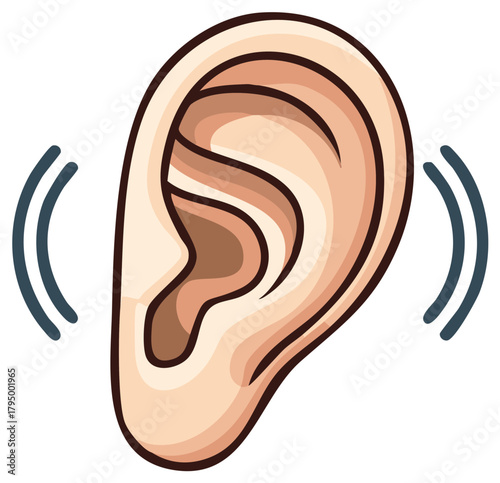 Cartoon Ear Listening Hearing with Sound Waves Auditory Perception Healthcare