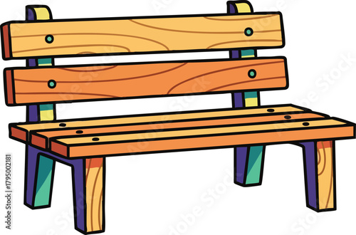 Rustic Wooden Park Bench with Natural Wood Grain Texture and Colorful Supports