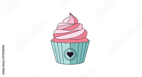 A delightful illustration of a pink-frosted cupcake in a light blue wrapper with a cute heart symbol, perfect for sweet celebrations.