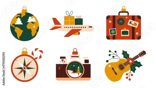 Holiday Travel Icons: A set of cheerful icons, each a symbol of the holiday spirit, invite exploration and the joy of creating memories. The festive imagery evokes wanderlust.