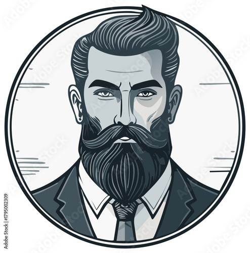 Stylish Man with Beard and Mustache in Suit in Circle Border Design