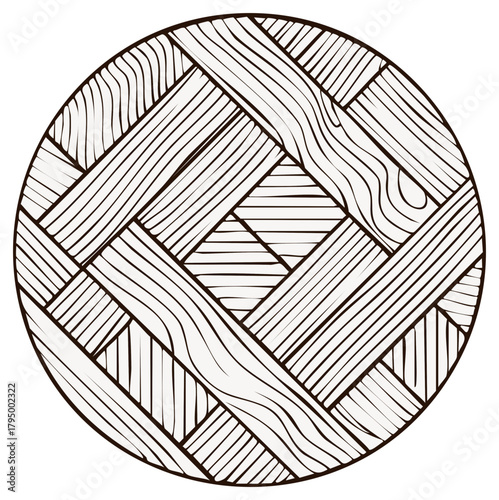 Wooden Weave Texture Circular Ornament with woodgrain pattern. Vector design of interwoven timber strips in round frame