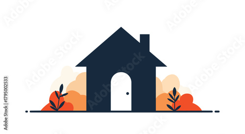 A cozy, minimalist flat design illustration of a home surrounded by warm-toned foliage, representing shelter, comfort, and domestic life.