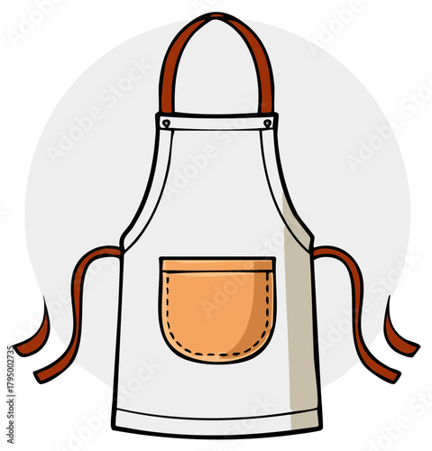 White apron with brown straps and pocket in a charming cartoon style graphic for cooking and baking
