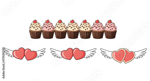 A delightful collection of sweet Valentine's Day cupcakes topped with tiny hearts and charming winged heart illustrations, perfect for romantic celebrations.