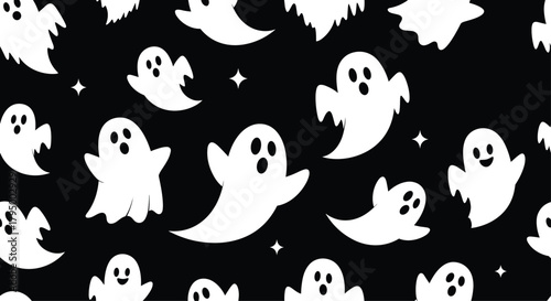 Cute cartoon white ghosts flying on a black background with stars, creating a fun and spooky seamless Halloween pattern.