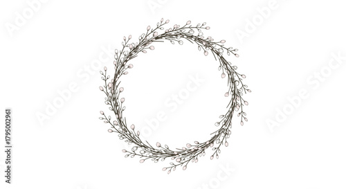 Delicate hand-drawn spring wreath illustration featuring natural branches adorned with tiny, light-colored buds on a clean white background.