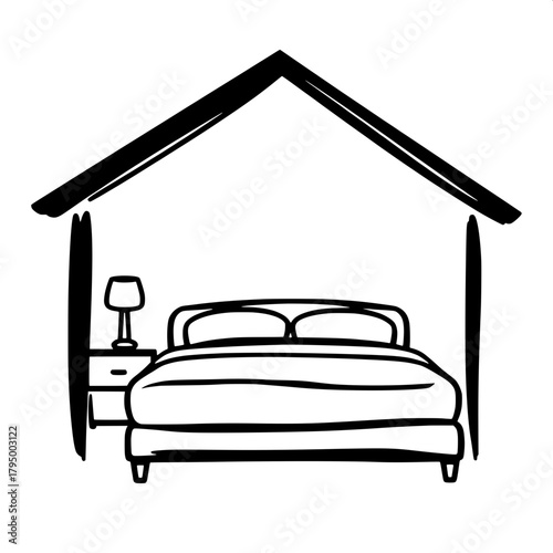 Minimal icon of a bedroom inside a house silhouette in front view, featuring a neatly drawn bed with a smooth, rounded headboard and a plush mattress, and a lamp on a nightstand with a simple, rounded