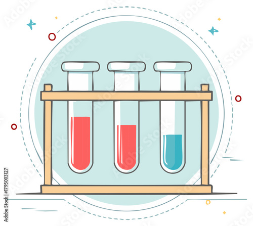 Chemistry laboratory equipment test tubes with colored liquids in a rack scientific analysis