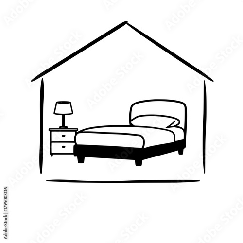 Minimal icon of a bedroom inside a house silhouette in front view, featuring a neatly drawn bed with a smooth, rounded headboard and a plush mattress, and a lamp on a nightstand with a simple, rounded