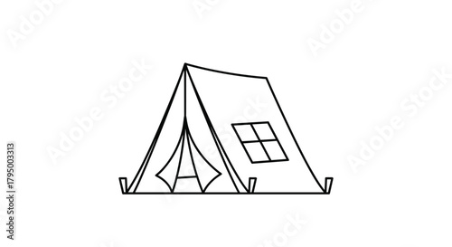 A simple black and white line art illustration of a classic A-frame camping tent with a front entrance flap and a window, ideal for outdoor themes.