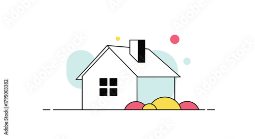 Minimalist line art illustration of a simple white house with a chimney and window, surrounded by pastel abstract shapes and dots on a clean background.