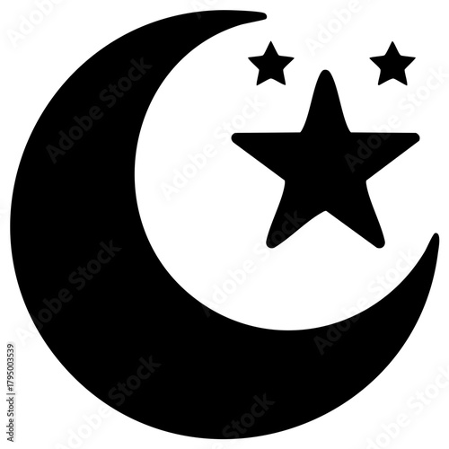 Black crescent moon and stars graphic symbol for night and celestial events
