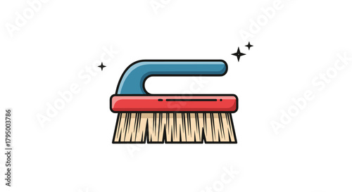 Colorful cartoon scrub brush with blue handle, red base, and light bristles. Sparkles signify cleanliness and hygiene for household chores.