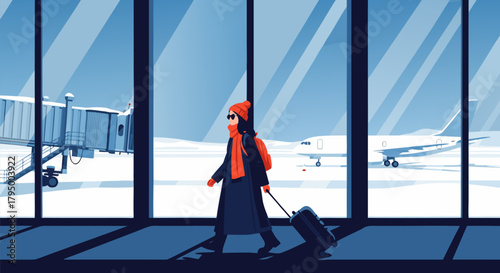 Winter Travel Scene A Solo Traveler With A Suitcase Walks Towards A Snow-Covered Airplane Gate At An Airport Terminal During A Cold Day