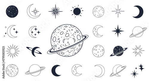 A minimalist collection of black and white celestial bodies, featuring various moons, stars, and planets with both outlined and solid designs.