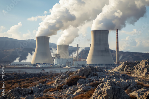 Geothermal Towers Releasing Steam in Volcanic Energy Zone