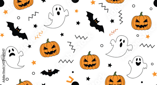 Festive Halloween seamless pattern with playful cartoon ghosts, spooky carved pumpkins, flying bats, and abstract geometric elements on white.