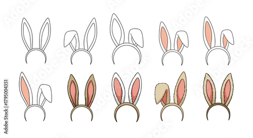A collection of various bunny ear headbands, featuring different styles, shapes, and colors for costume or festive occasions.