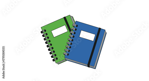 An illustration of two colorful spiral-bound notebooks, one green and one blue, with elastic bands and blank labels, angled and overlapping.
