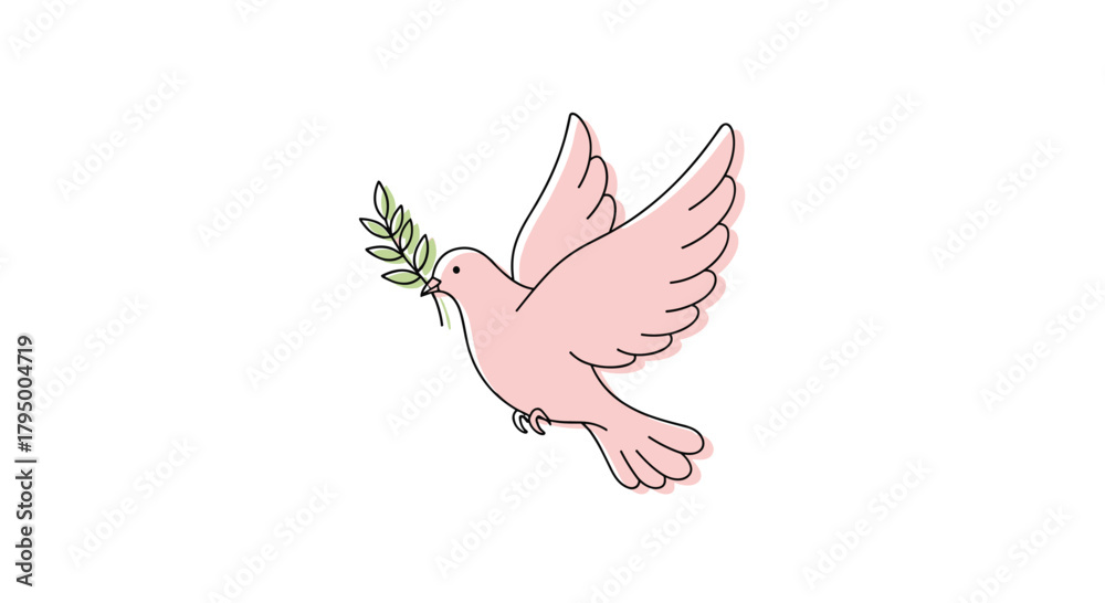 Obraz premium A beautiful pink dove gracefully flies, carrying a green olive branch as a universal symbol of peace and hope for the future.