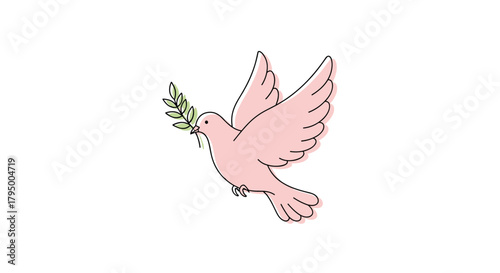 A beautiful pink dove gracefully flies, carrying a green olive branch as a universal symbol of peace and hope for the future.