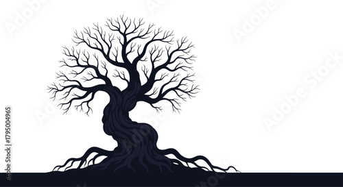Dark, stylized illustration of an ancient, gnarled tree, leafless and with exposed roots, standing against a stark white background.