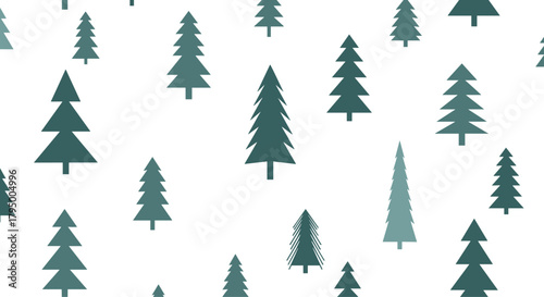 Abstract seamless pattern of stylized blue-green evergreen trees on a white background, creating a modern and versatile winter forest design.