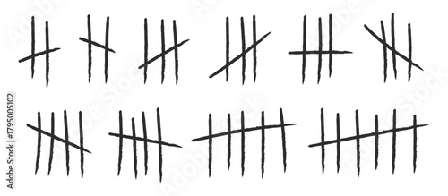 Set of hand-drawn tally marks in a rough, grunge style. Icons of counting to five, often used to symbolize scorekeeping, counting days, survival, or endurance