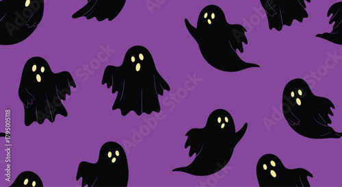 Vibrant and spooky seamless pattern design showcasing adorable black ghost figures with white eyes on a rich purple background.