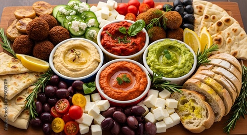 Abundant mediterranean mezze platter with dips and falafel