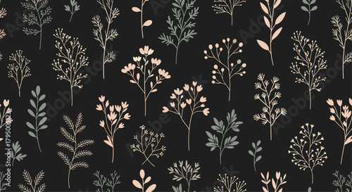 Elegant botanical seamless pattern of diverse wild herbs, foliage, and small blossoms in muted tones on a dark backdrop.