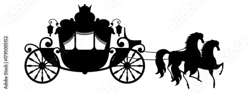 Horse and wagon vector illustration. Silhouette of two horses. Editable stroke.