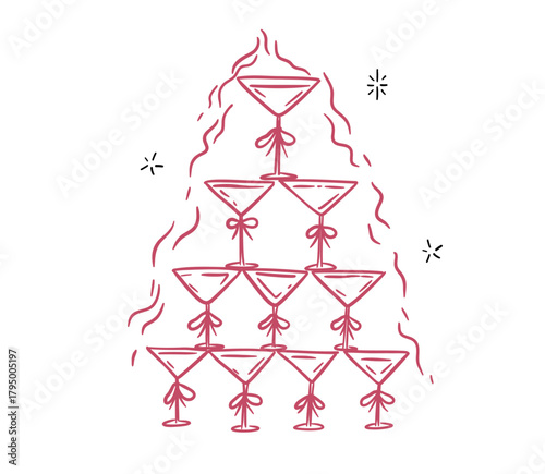 Coquette whimsical cocktail glasses tower, vector cute illustration, sketch for party invitation, champagne drinks