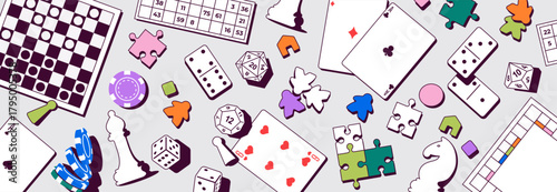 Vector illustration with various board games and playing elements. Includes chess, poker chips, domino, dice, cards, puzzles, and meeples. Perfect for game design, hobby, entertainment events.