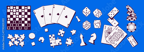 Vector illustration with various board games and playing elements. Includes chess, poker chips, domino, dice, cards, puzzles, and meeples. Perfect for game design, hobby, entertainment events.