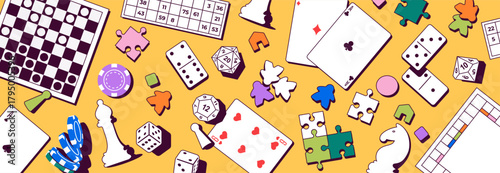 Vector illustration with various board games and playing elements. Includes chess, poker chips, domino, dice, cards, puzzles, and meeples. Perfect for game design, hobby, entertainment events.