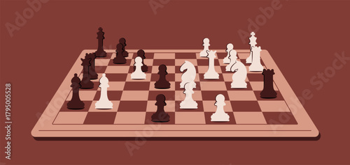 Vector illustration of chessboard with chess pieces. Classic strategy board game symbolizing logic, intelligence, and competition. Perfect for education, sport, and entertainment design projects.