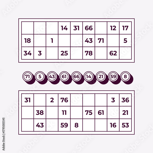 Vector illustration of Lotto or Bingo board game with numbered cards and balls. Classic family and entertainment game for fun, luck, and leisure design projects.